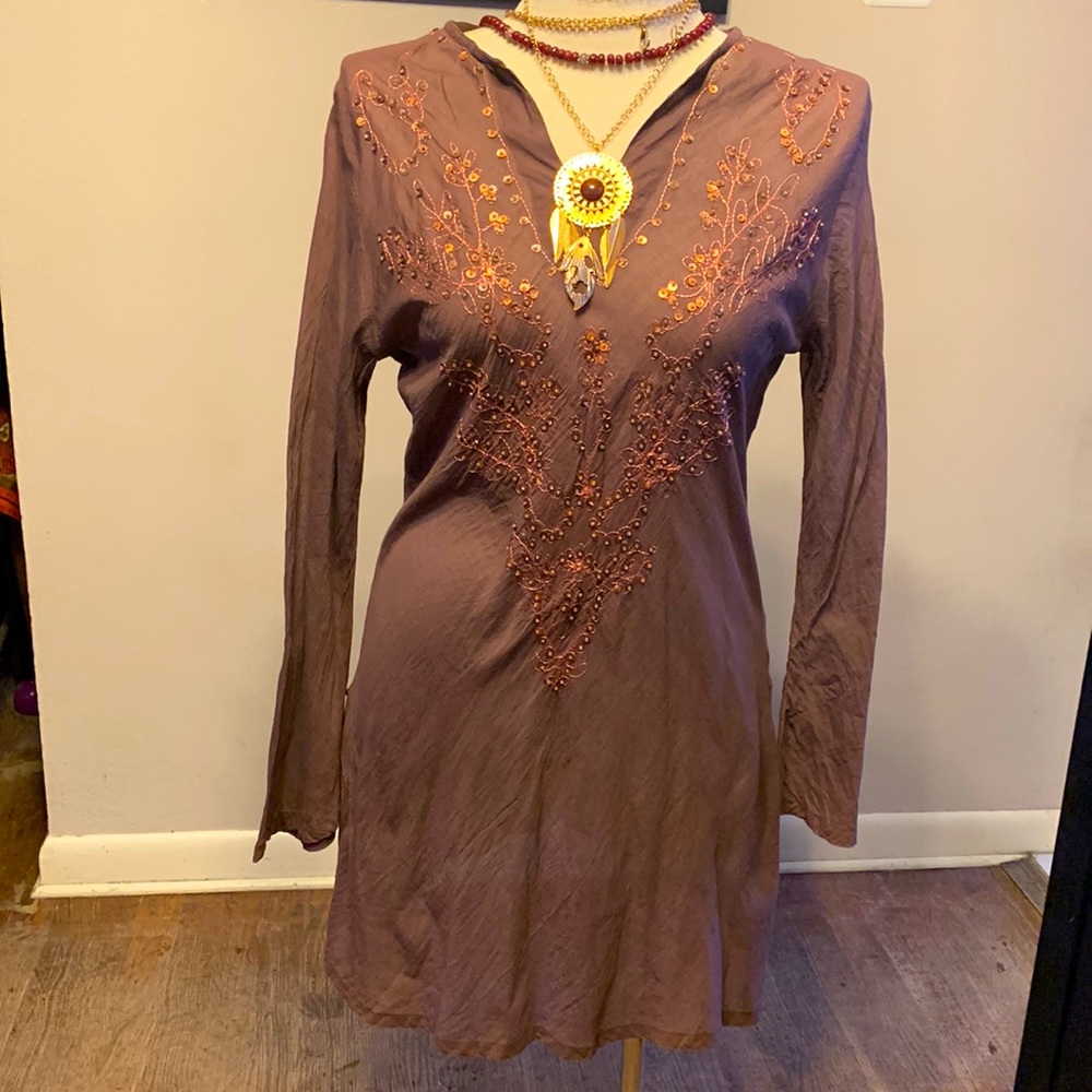 Sexy NEW Funky People Tunic. Brown w/bronze metallic thread beads & sequins. Med